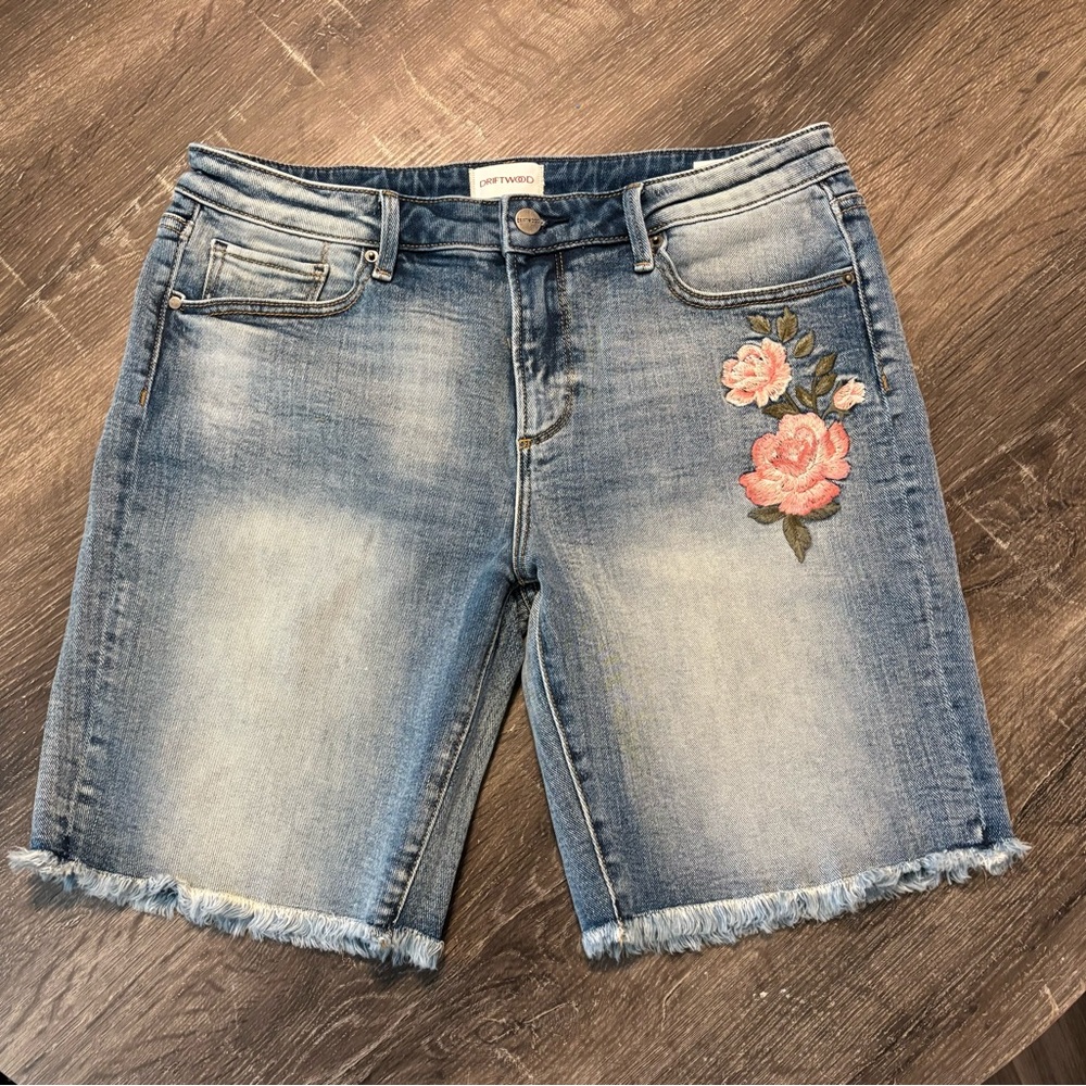 DRIFTWOOD Light Blue Embroidered Floral Jean Shorts